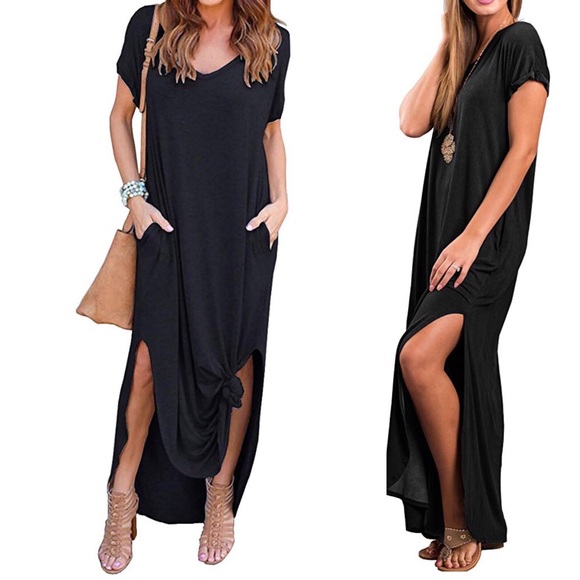 Casual Short Sleeve Long Maxi Dress-BLACK - Picture 2 of 8